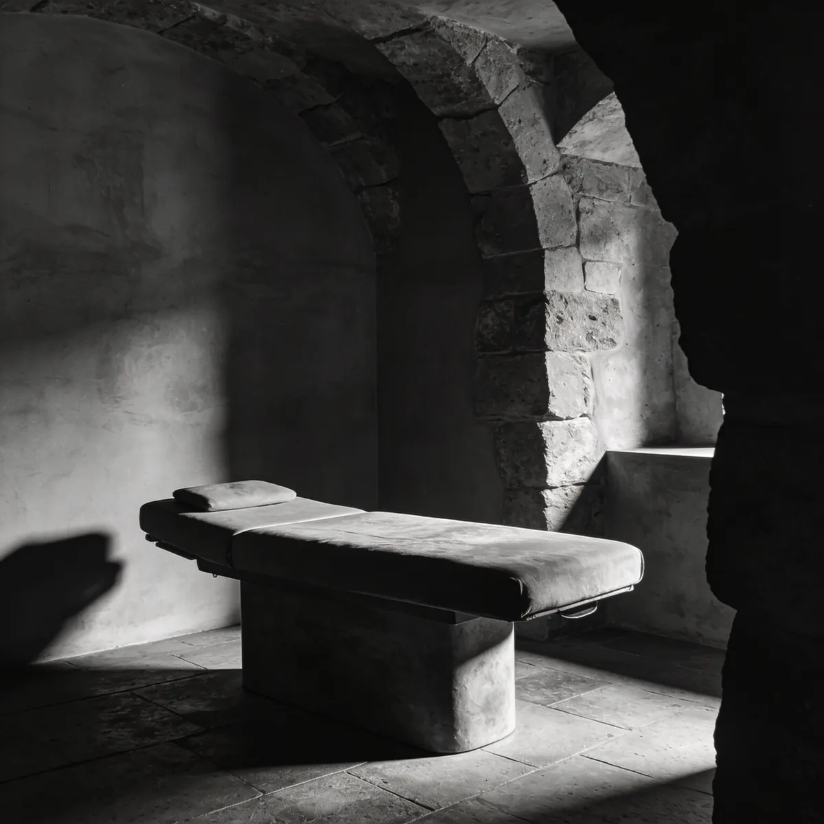 Stone-walled treatment room in shadow